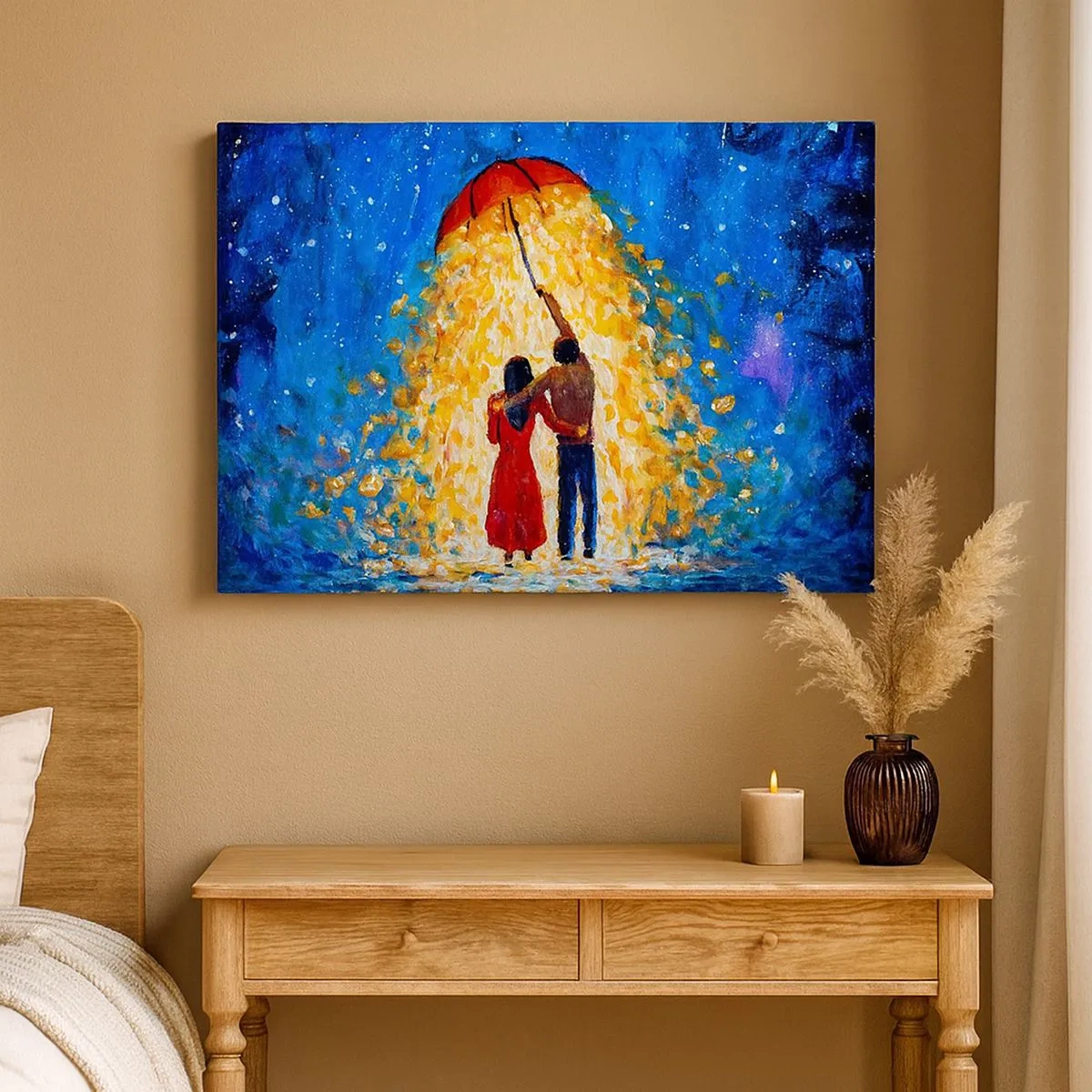 Quadro em tela - Um casal sob um guarda-chuva vermelho na chuva luminosa - 70x50cm - A magia de uma noite chuvosa? - Decoração de parede moderna para a sala de estar e quarto ARTTOR