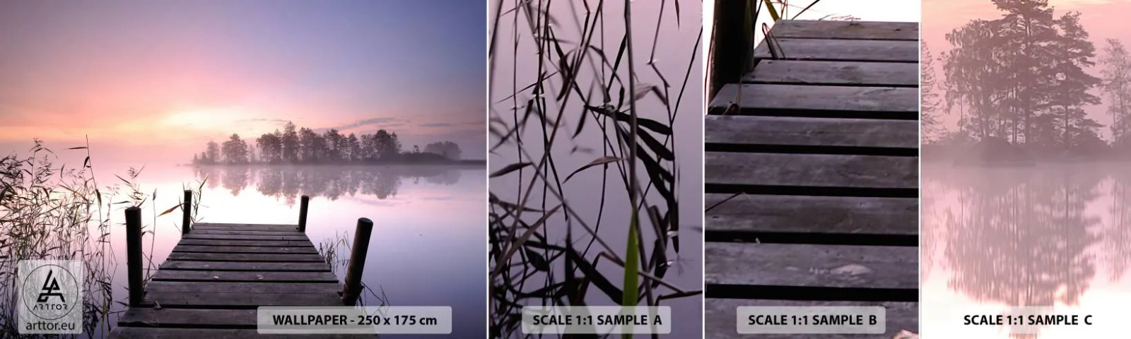 Amostra de papel de parede autocolante Deluxe Sticker - Da névoa lilás... - Paisagem, Nascer do sol, Lago - 100x30 cm