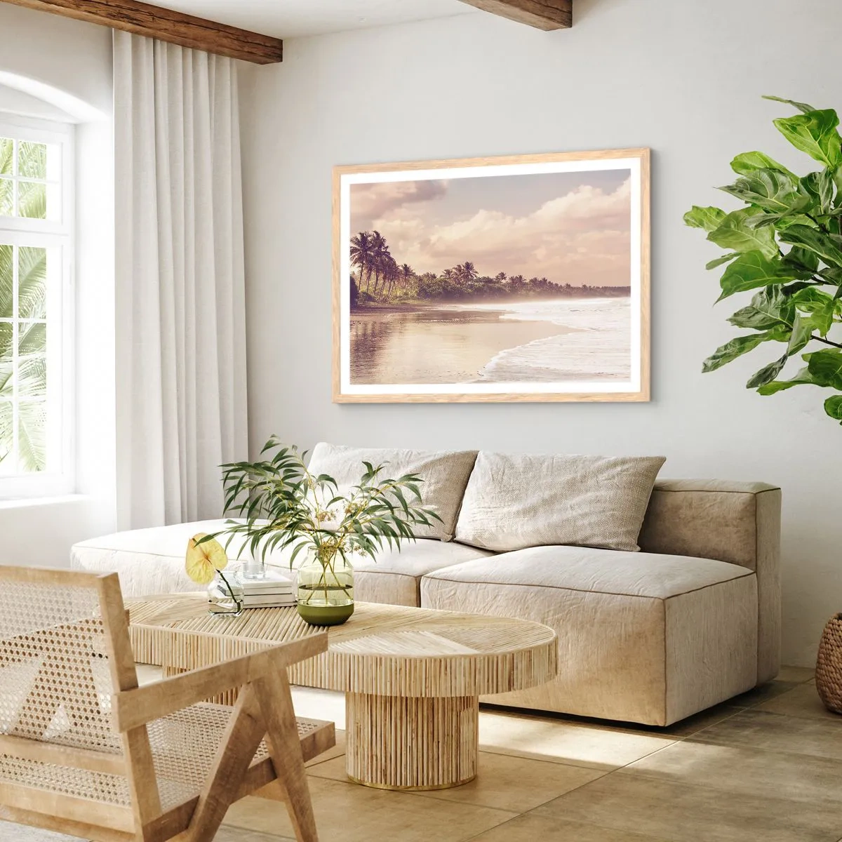 Pôster com moldura de carvalho claro - Carícia das ondas - 100x70 cm