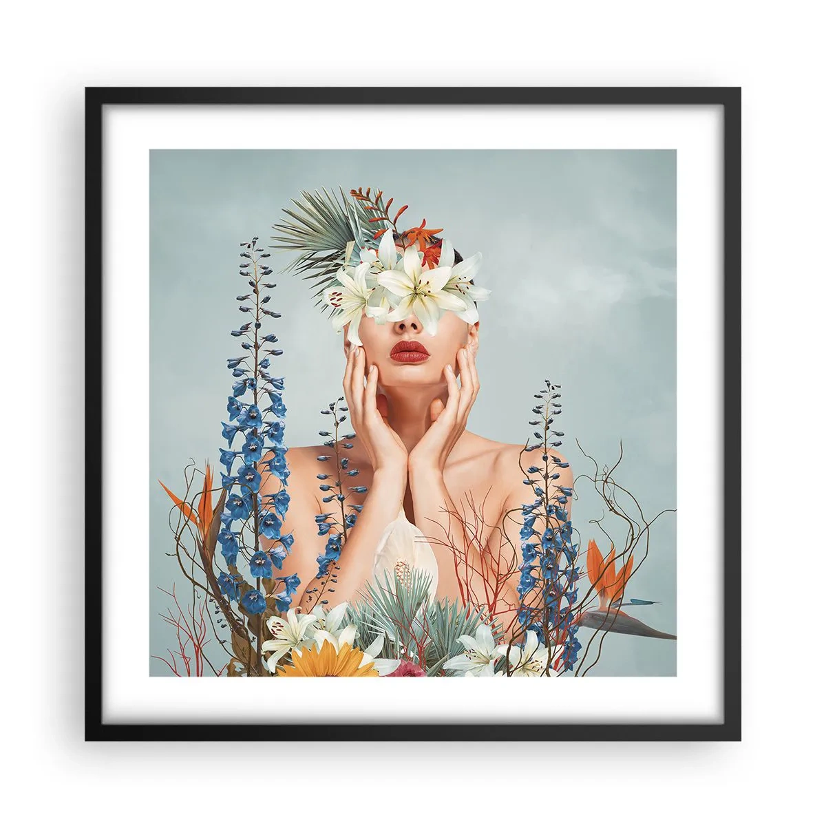 Pôster com moldura preta - Mulher – flor - 50x50 cm