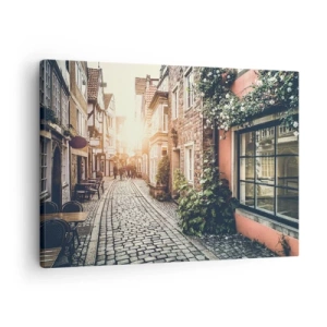 Quadro em tela - Uma rua charmosa com calçada de pedra e flores - 70x50cm - Beco rosa em brilho rosa - Decoração de parede moderna para a sala de estar e quarto ARTTOR