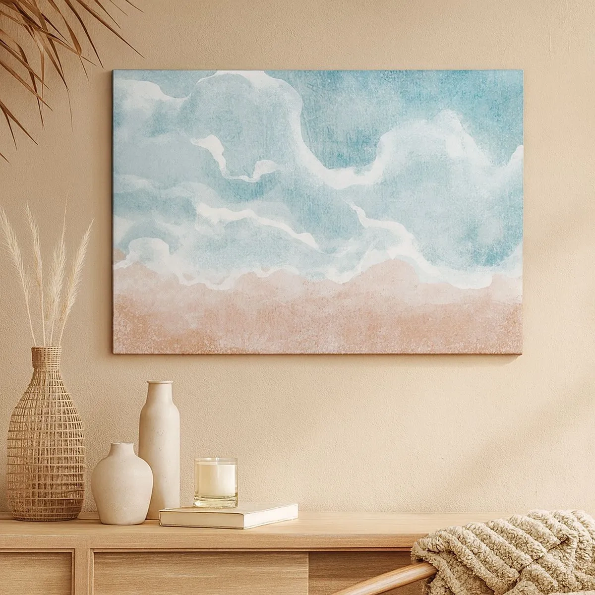 Quadro em tela - Praia abstrata com ondas em tons de azul e bege - 70x50cm - Abstração de nuvem - Decoração de parede moderna para a sala de estar e quarto ARTTOR