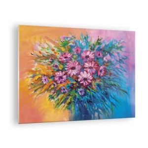 Quadro em vidro - Um buquê de flores rosas em uma composição artística e colorida - 70x50cm - A energia da vida - Decoração de parede moderna para a sala de estar e quarto ARTTOR
