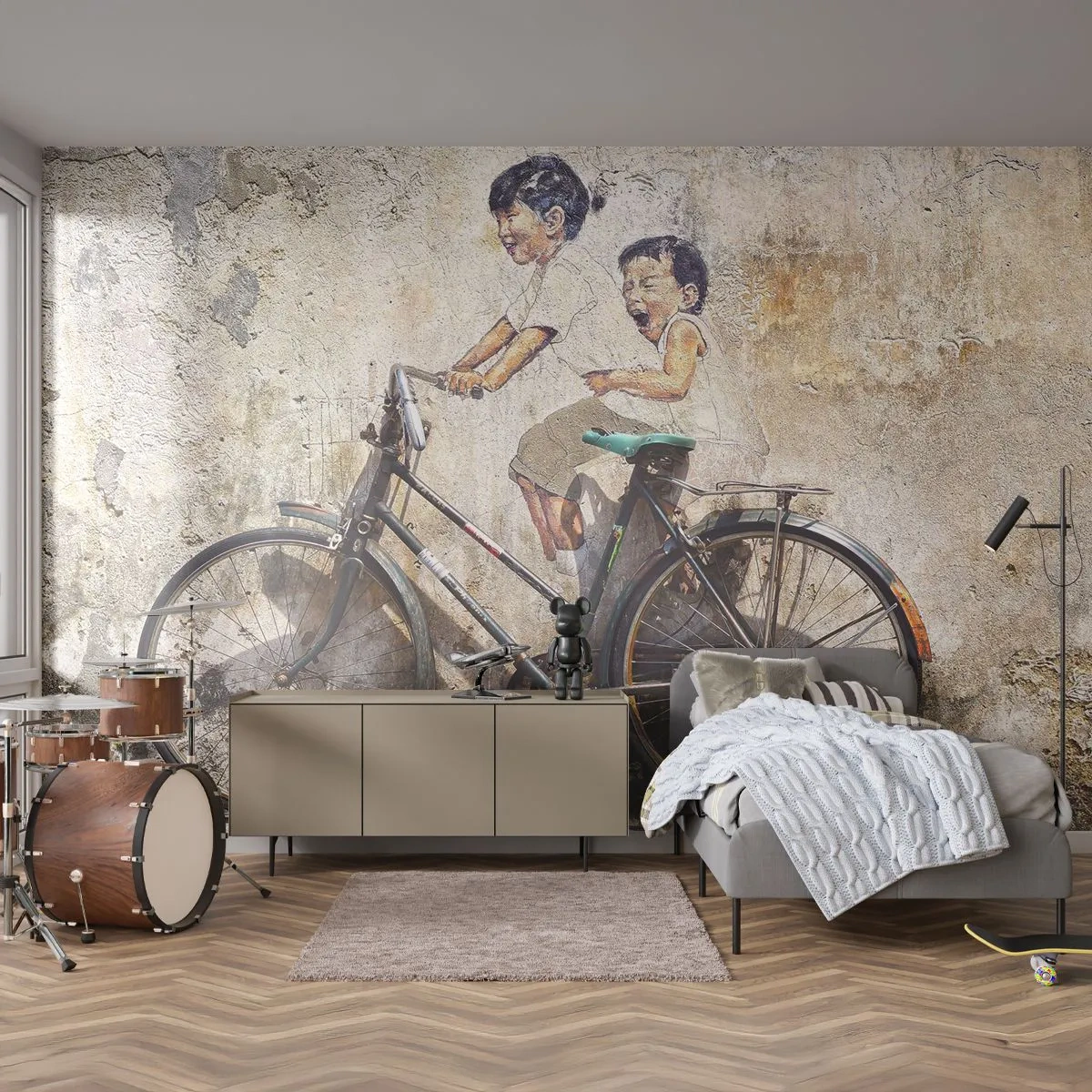 Papel de Parede Premium Sand - Verdadeiro ou falso? - Abstração, Mural, Bicicleta - 100x70 cm