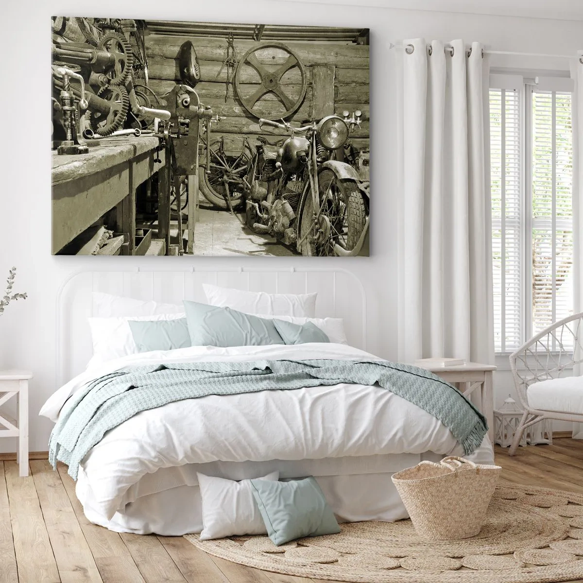 Quadro em tela - Oficina retrô com motocicletas e ferramentas - 70x50cm - No depósito do tio Jorge - Decoração de parede moderna para a sala de estar e quarto ARTTOR