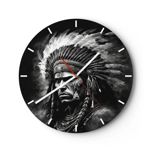 Relógio de parede - Relógio em vidro - Retrato de um chefe com um cocar de penas em estilo monocromático - 30x30cm - Um líder e um guerreiro - Decoração de parede moderna para a sala de estar, cozinha e quarto ARTTOR