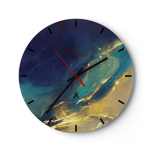 Relógio de parede - Relógio em vidro - Uma composição abstrata em azul marinho e dourado que lembra uma piscina de água - 30x30cm - Piscina dourada - Decoração de parede moderna para a sala de estar, cozinha e quarto ARTTOR