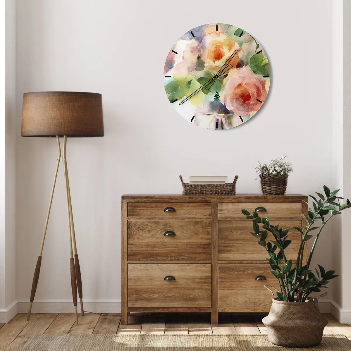 Relógio de parede - Relógio em vidro - Rosas em aquarela em tons pastéis - 30x30cm - Delicado como uma aquarela - Decoração de parede moderna para a sala de estar, cozinha e quarto ARTTOR
