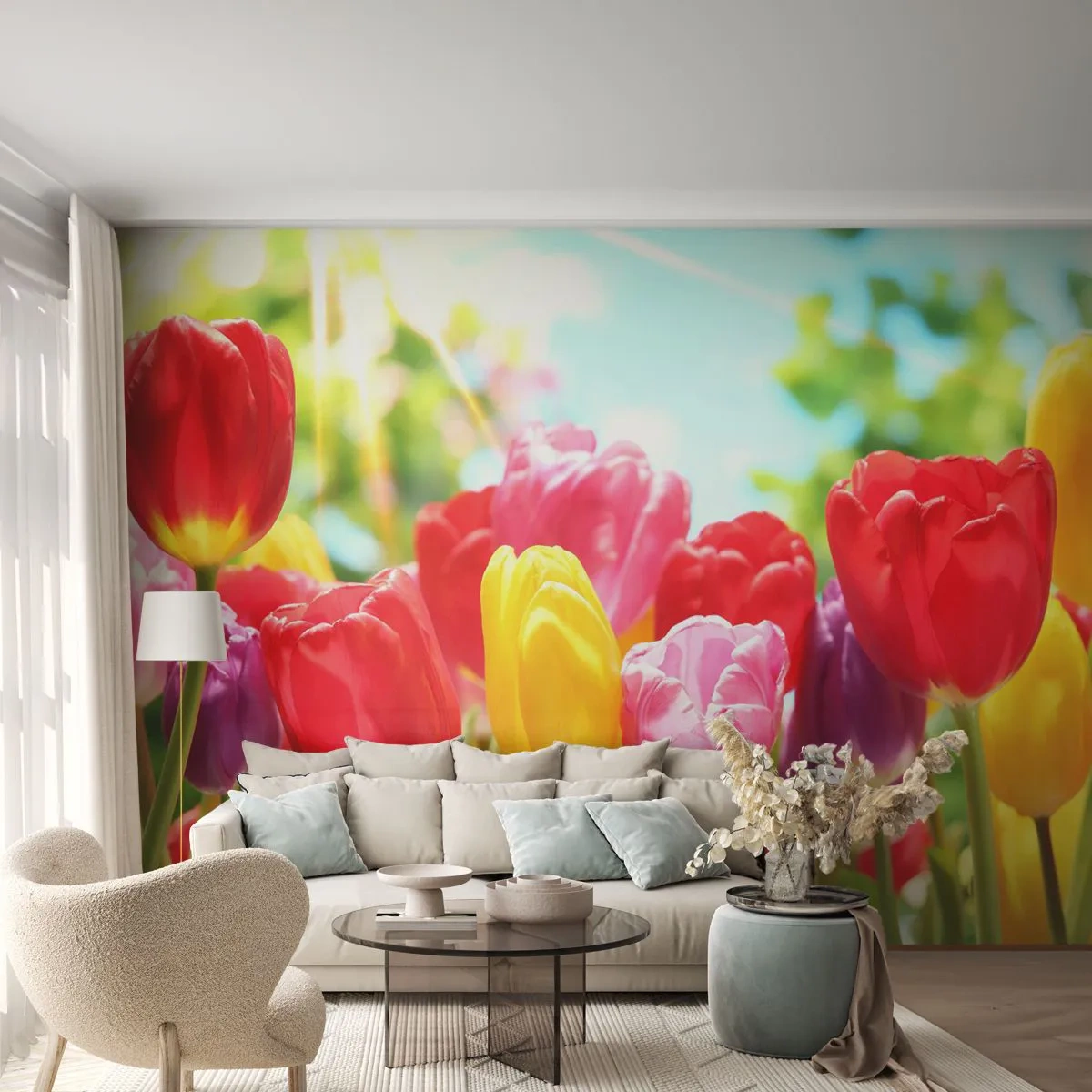 Papel de Parede Premium Sand - Somos nós, as cores de maio! - Flores, Tulipas, Jardim - 100x70 cm