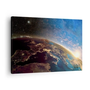 Quadro em tela - Vista da Terra do espaço ao nascer do sol - 70x50cm - Vamos olhar para nós mesmos à distância - Decoração de parede moderna para a sala de estar e quarto ARTTOR