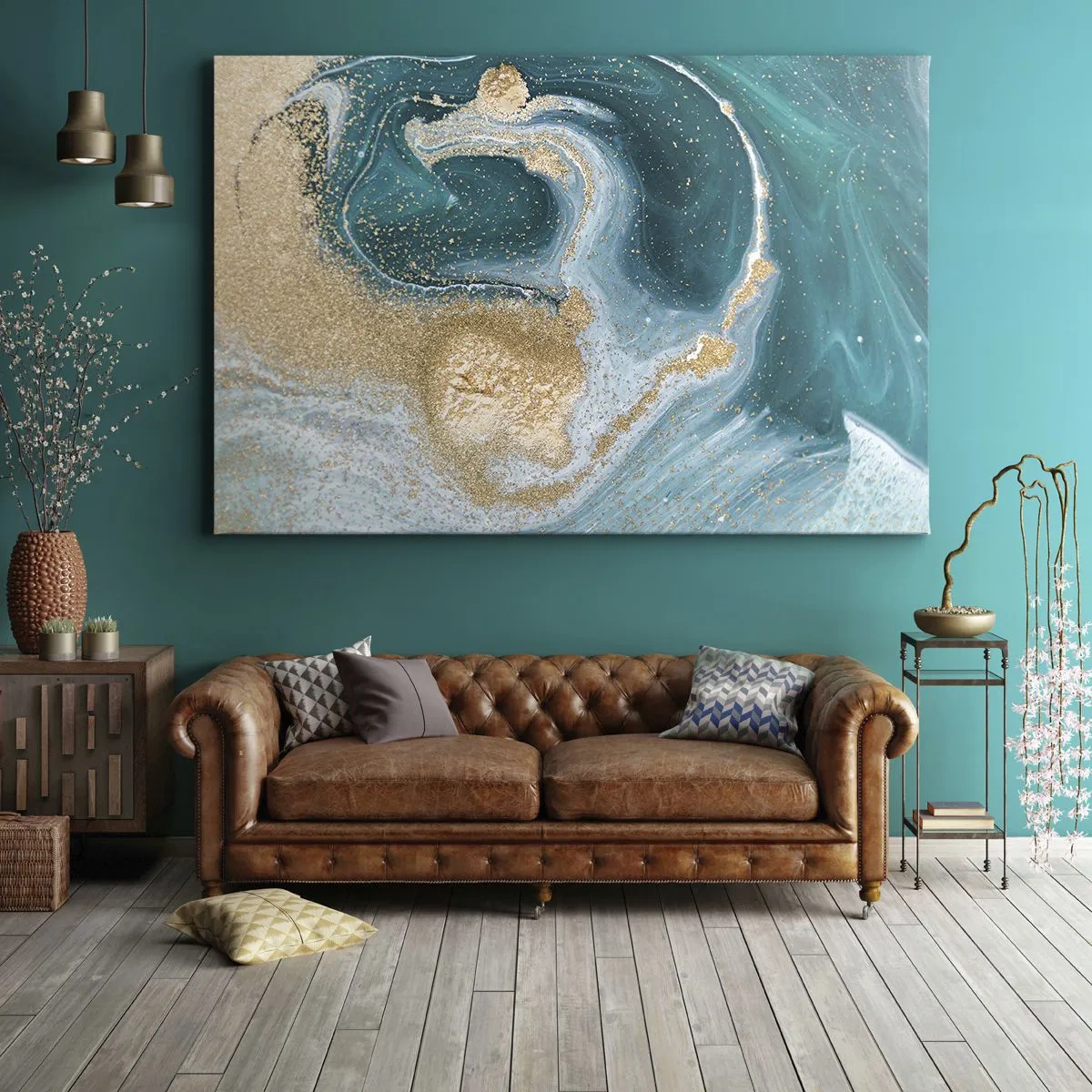 Quadro em tela - Redemoinho abstrato em tons turquesa e dourado - 70x50cm - Um vórtice de ouro e turquesa - Decoração de parede moderna para a sala de estar e quarto ARTTOR