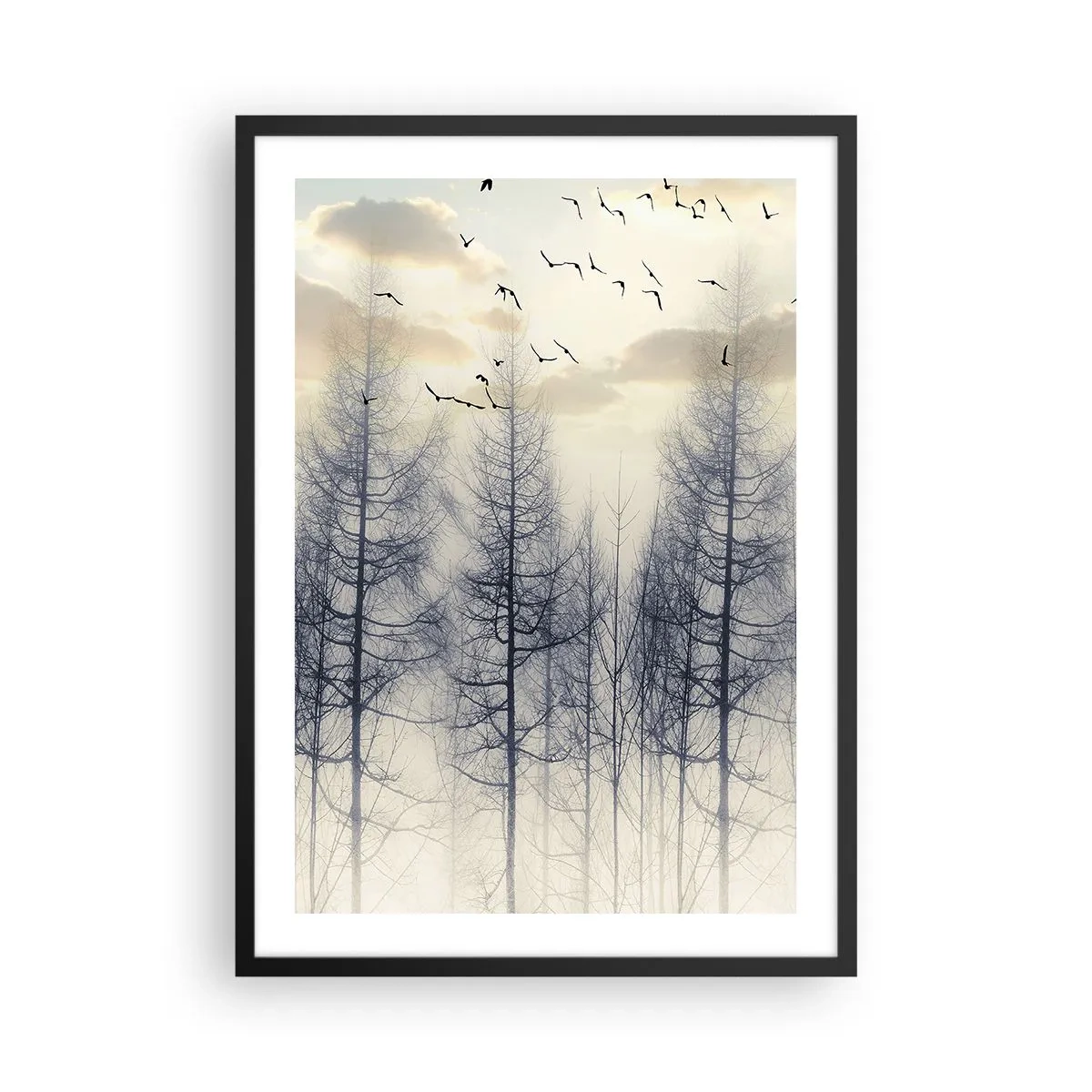 Pôster com moldura preta - Uma floresta enevoada com árvores altas e pássaros voando pela manhã - 50x70cm - Espíritos florestais - Decoração de parede moderna para a sala de estar e quarto ARTTOR