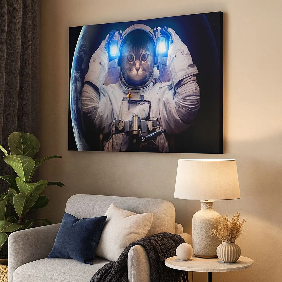 Quadro em tela - Um gato em um traje de astronauta com a Terra ao fundo e uma luz brilhante. - 70x50cm - Houston, temos um problema - Decoração de parede moderna para a sala de estar e quarto ARTTOR
