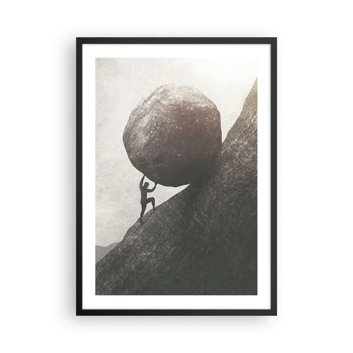 Pôster com moldura preta - Uma figura simbólica carregando uma pedra morro acima - 50x70cm - Eu creio - Decoração de parede moderna para a sala de estar e quarto ARTTOR