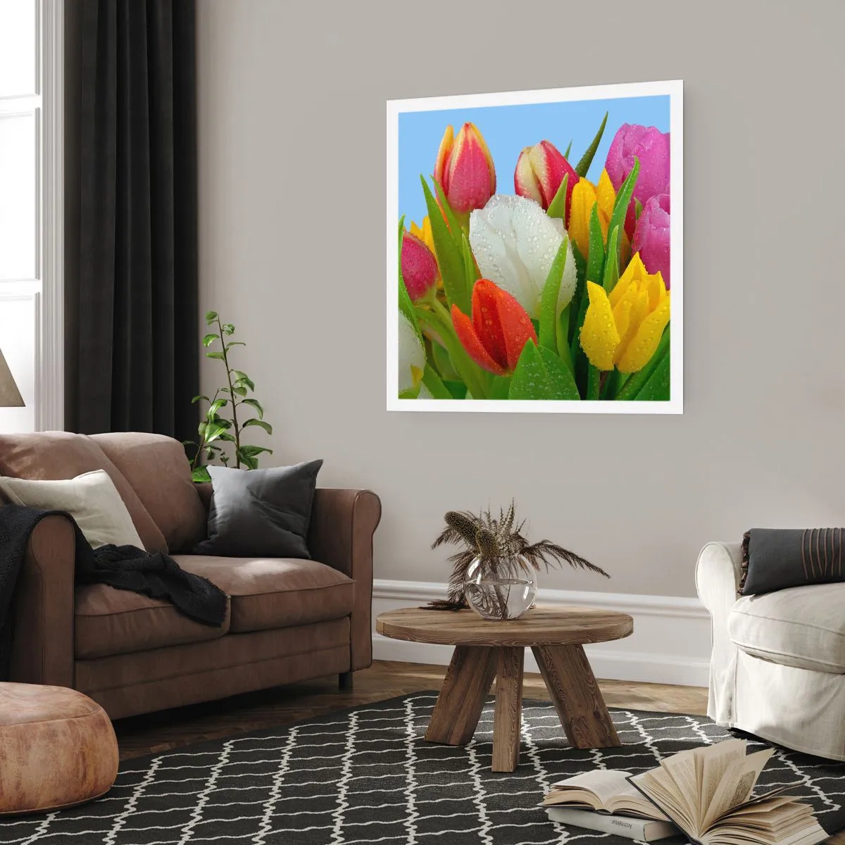 Pôster - Arco-íris floral em gotas de orvalho - 60x60 cm