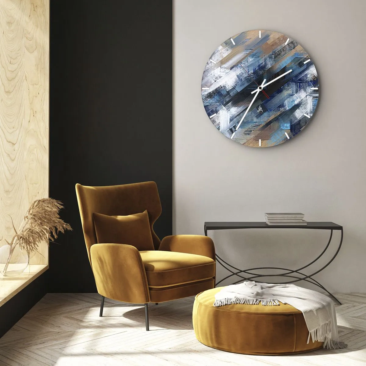 Relógio de parede - Relógio em vidro - Uma composição abstrata de pinceladas azuis. - 30x30cm - Numa diagonal azul - Decoração de parede moderna para a sala de estar, cozinha e quarto ARTTOR
