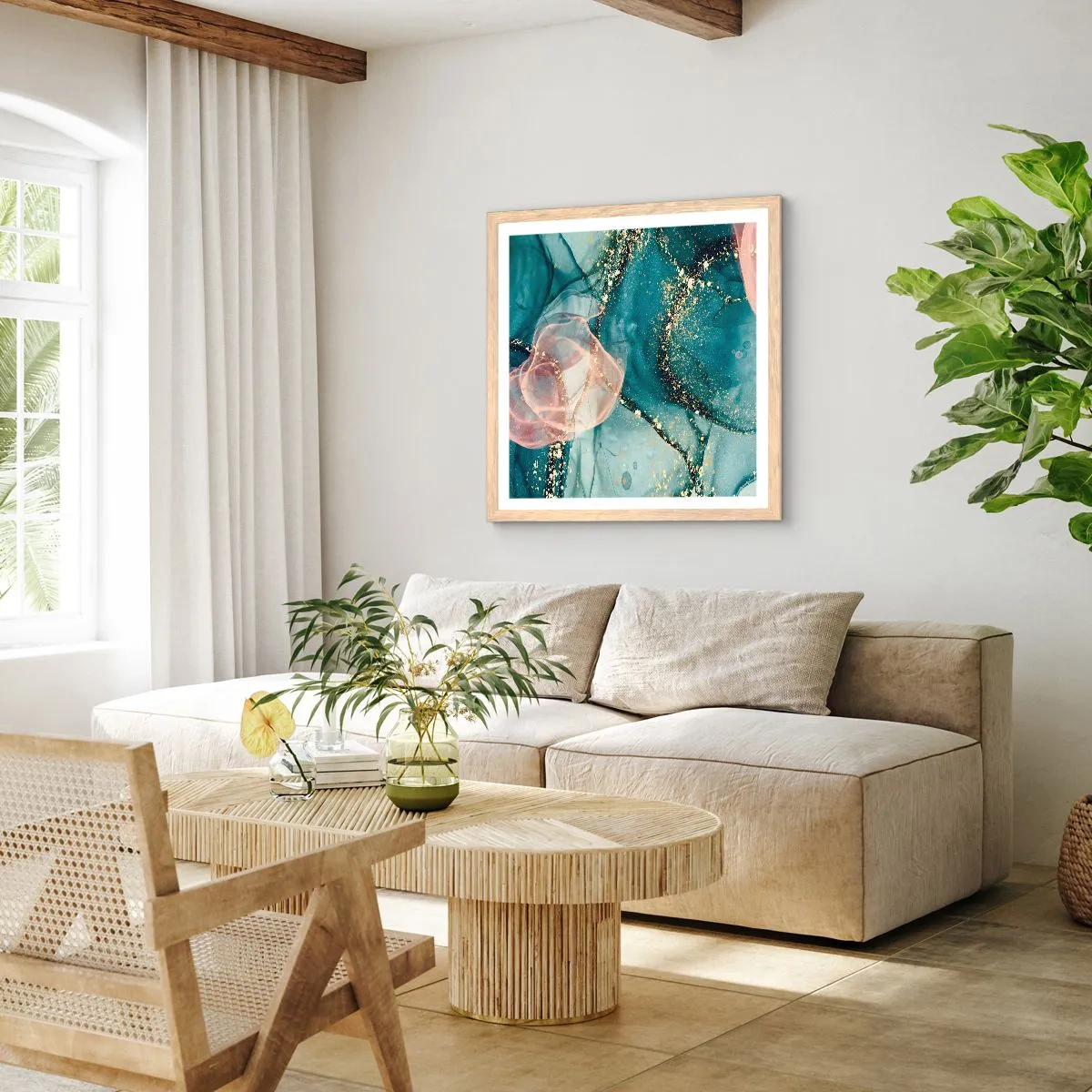 Pôster com moldura de carvalho claro - Azul seda, rosa tule - 40x40 cm