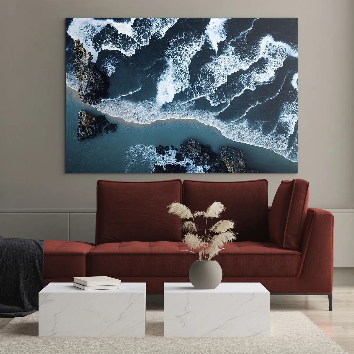 Quadro em vidro - Ondas do mar quebrando contra a costa rochosa - 70x50cm - Envolto em ondas - Decoração de parede moderna para a sala de estar e quarto ARTTOR