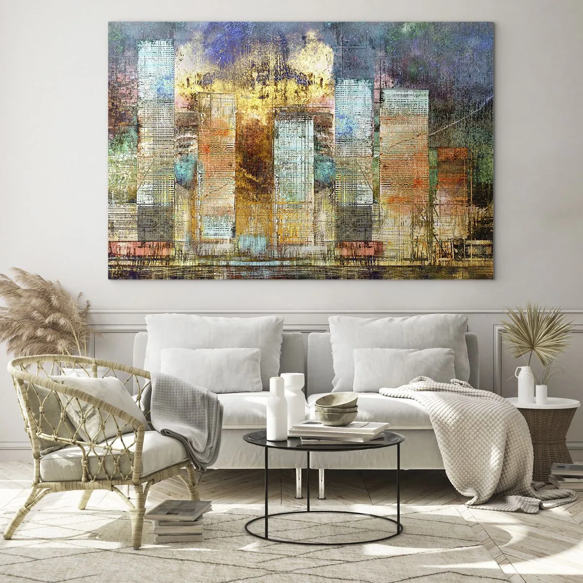 Quadro em vidro - Panorama abstrato colorido de arranha-céus da cidade em um estilo artístico - 70x50cm - Uma metrópole ensolarada - Decoração de parede moderna para a sala de estar e quarto ARTTOR