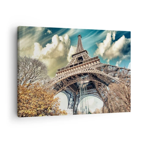 Quadro em tela - A Torre Eiffel vista de baixo em um cenário outonal - 70x50cm - E no outono em Paris... - Decoração de parede moderna para a sala de estar e quarto ARTTOR