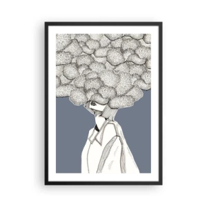 Pôster com moldura preta - Uma figura com uma nuvem no lugar da cabeça, estilizada em tons de cinza. - 50x70cm - Com a cabeça nas nuvens - Decoração de parede moderna para a sala de estar e quarto ARTTOR