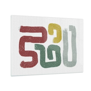 Quadro em vidro - Placas abstratas coloridas em um fundo branco - 70x50cm - Em uma língua desconhecida - Decoração de parede moderna para a sala de estar e quarto ARTTOR