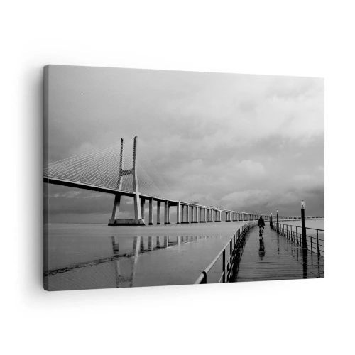 Quadro em tela - Uma ponte suspensa sobre a água em preto e branco - 70x50cm - Cada um com o que merece - Decoração de parede moderna para a sala de estar e quarto ARTTOR