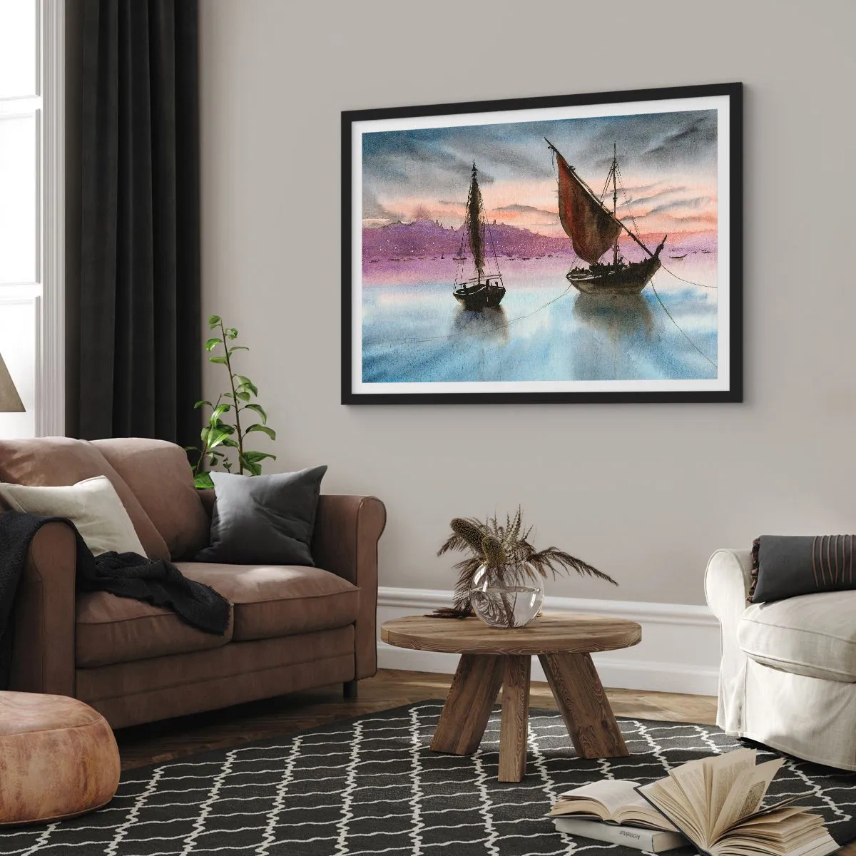 Pôster com moldura preta - Noite no porto - 70x50 cm