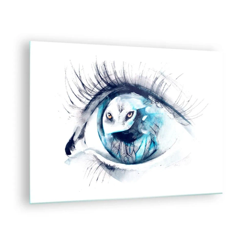 Quadro em vidro - Olho de mulher com motivo de coruja em estilo aquarela - 70x50cm - Cara a cara com o selvagem - Decoração de parede moderna para a sala de estar e quarto ARTTOR