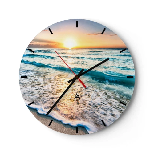 Relógio de parede - Relógio em vidro - Pôr do sol sobre o mar com ondas na costa - 30x30cm - Uma visão que vale a pena - Decoração de parede moderna para a sala de estar, cozinha e quarto ARTTOR