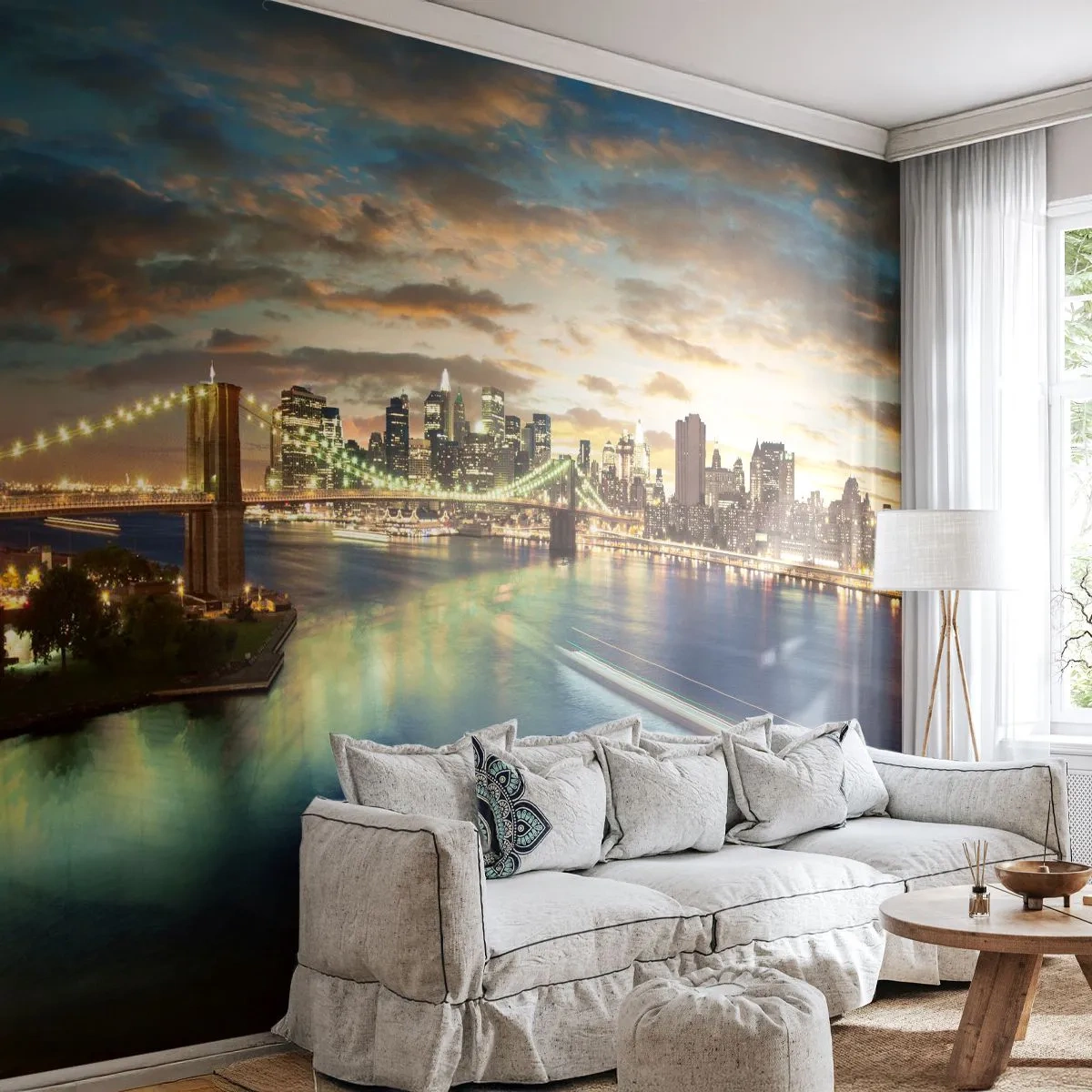 Papel de Parede Autocolante Deluxe Sticker - Uma noite bem iluminada em Manhattan - Cidade, Ponte, Nova Iorque - 250x175 cm