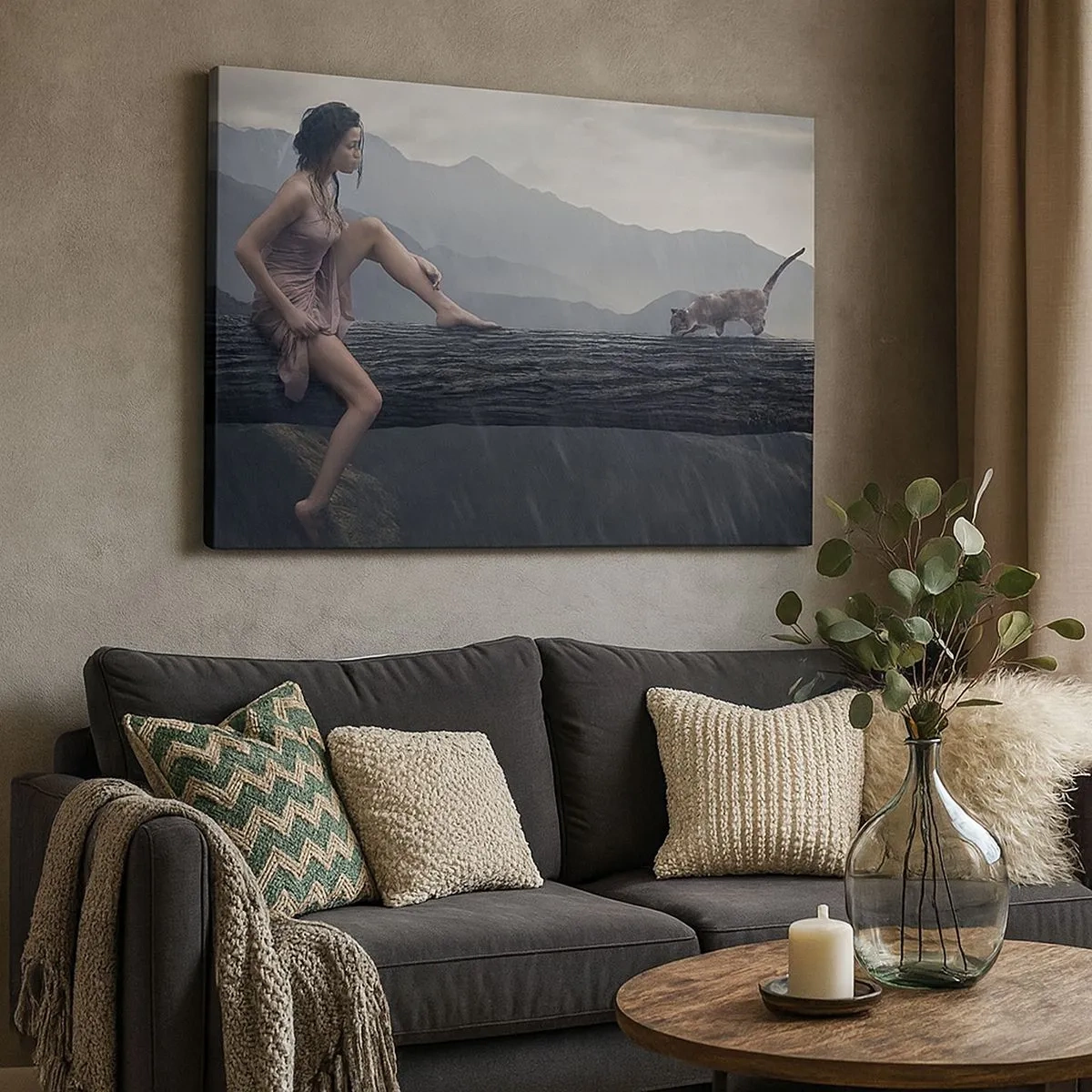 Quadro em tela - Uma mulher e um gato no tronco de uma árvore na chuva com vista para as montanhas. - 70x50cm - Picos de beleza - Decoração de parede moderna para a sala de estar e quarto ARTTOR