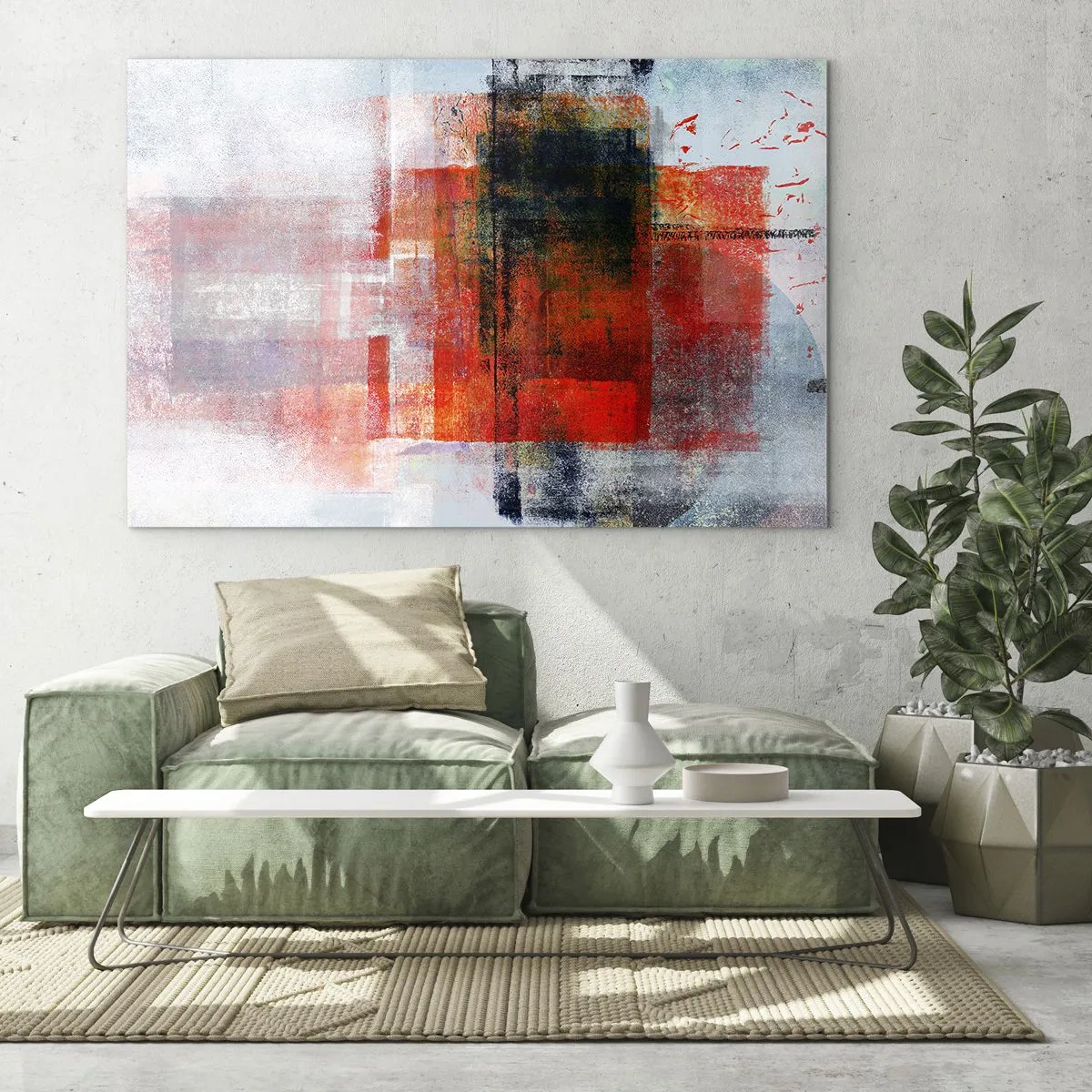 Quadro em vidro - Abstração geométrica em tons intensos de vermelho e preto. - 70x50cm - A composição brilha - Decoração de parede moderna para a sala de estar e quarto ARTTOR