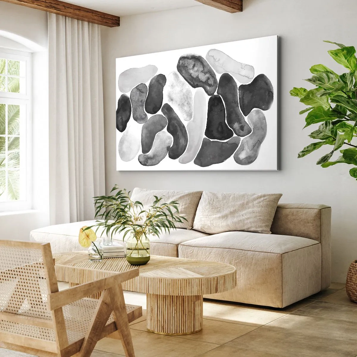 Quadro em tela - Abstração em preto e branco com manchas irregulares sobre fundo branco - 70x50cm - Abstração rochosa - Decoração de parede moderna para a sala de estar e quarto ARTTOR