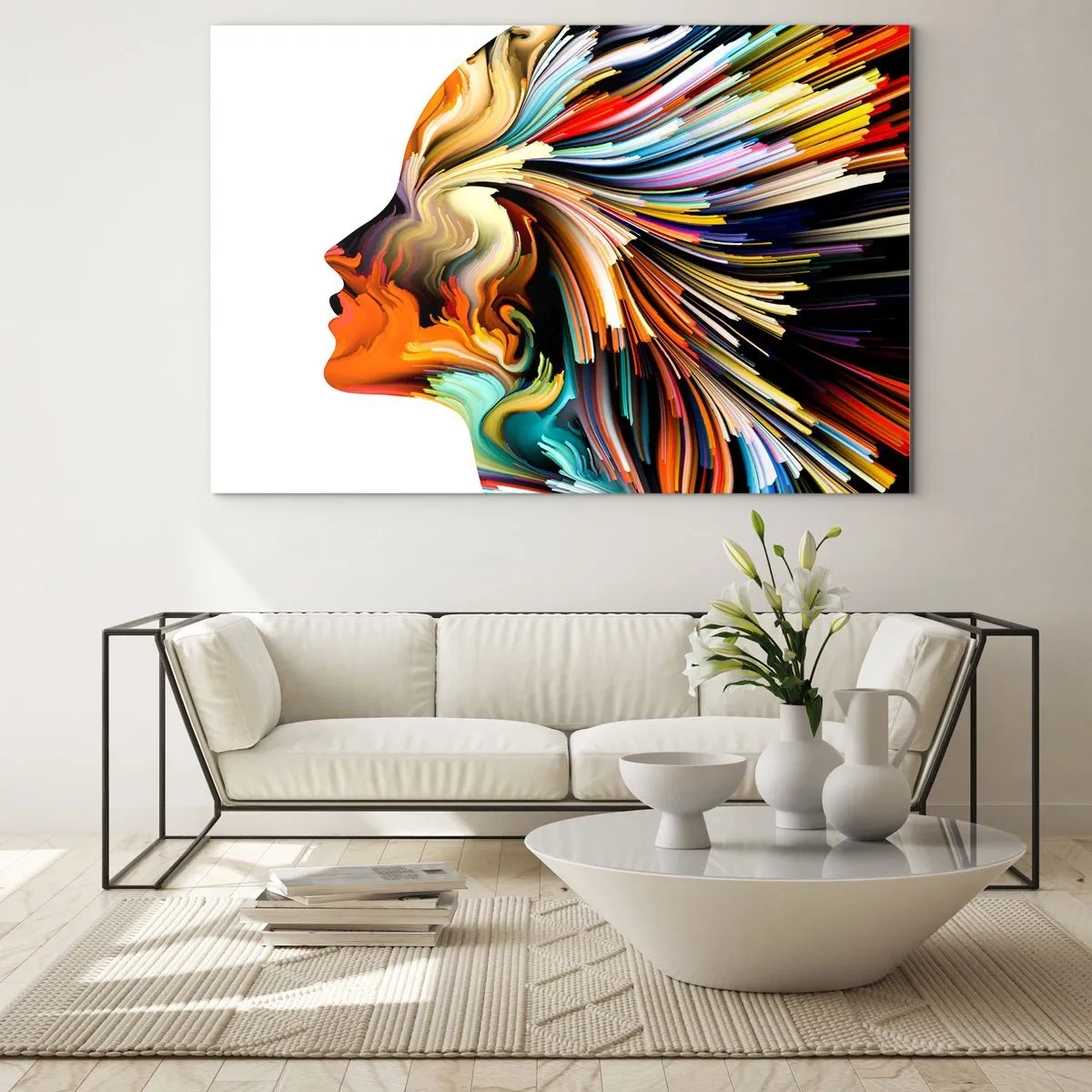 Quadro em vidro - Uma explosão de cores em forma de silhueta humana - 70x50cm - Explosão de imaginação - Decoração de parede moderna para a sala de estar e quarto ARTTOR