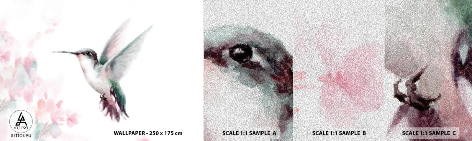 Amostra de papel de parede Premium Sand - Preso em agitação - Beija Flor, Pássaro, Pedaço - 100x30 cm