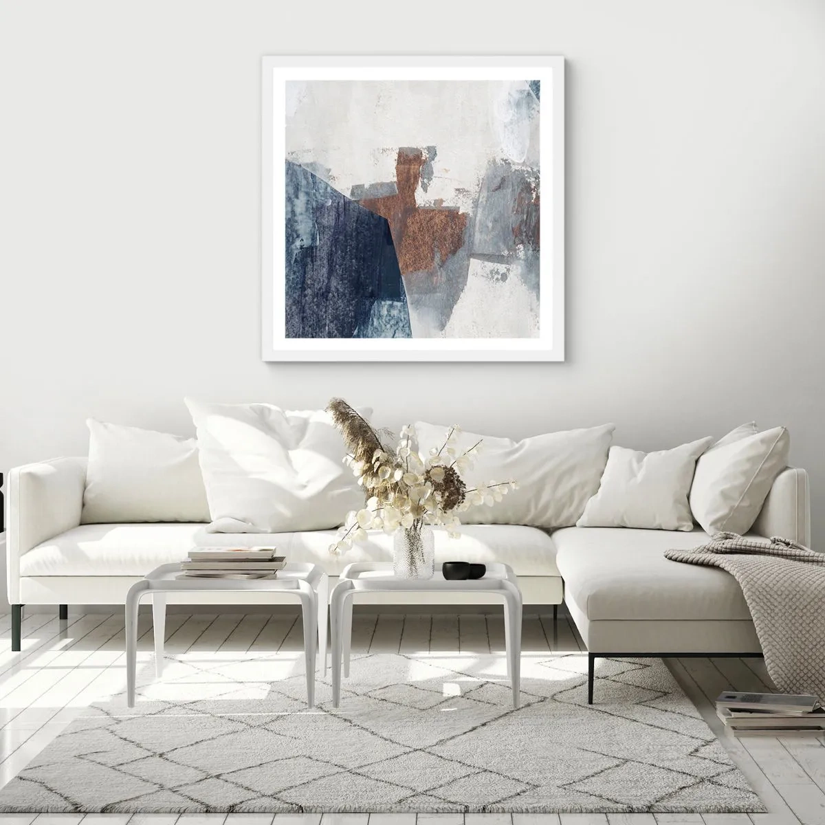 Pôster em moldura branca - Formas azuis e marrons - 40x40 cm
