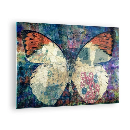 Quadro em vidro - Uma borboleta colorida em um fundo abstrato em tons de azul e laranja. - 70x50cm - Fragilidade subtil - Decoração de parede moderna para a sala de estar e quarto ARTTOR