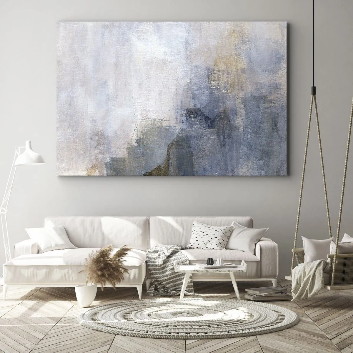 Quadro em tela - Sutis manchas abstratas em tons de azul e bege - 70x50cm - Tons e acordes das cores - Decoração de parede moderna para a sala de estar e quarto ARTTOR