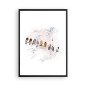 Pôster com moldura preta - Pássaros sentados em um galho em estilo aquarela - 50x70cm - Reunião alada - Decoração de parede moderna para a sala de estar e quarto ARTTOR