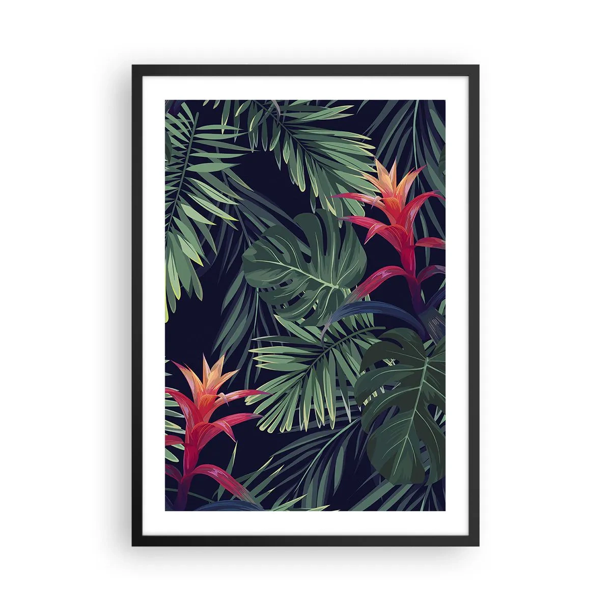 Pôster com moldura preta - Folhas e flores tropicais em um fundo escuro - 50x70cm - Queimar em verde - Decoração de parede moderna para a sala de estar e quarto ARTTOR
