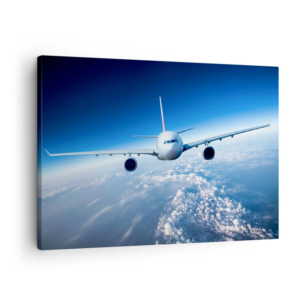 Quadro em tela - Um avião voando acima das nuvens contra um céu azul - 70x50cm - Vou porque quero - Decoração de parede moderna para a sala de estar e quarto ARTTOR