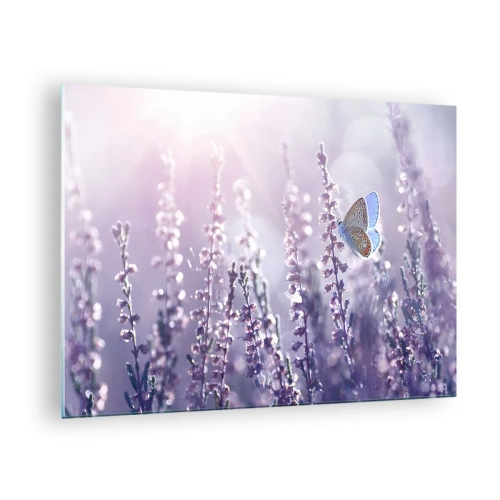 Quadro em vidro - Uma borboleta em um campo de lavanda ao sol - 70x50cm - O beijo da borboleta - Decoração de parede moderna para a sala de estar e quarto ARTTOR