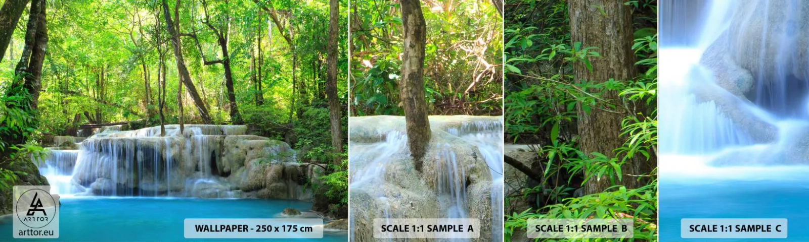 Amostra de papel de parede autocolante Deluxe Sticker - Afogar-se na turquesa e vegetação - Paisagem, Cachoeira, Cascata - 100x30 cm