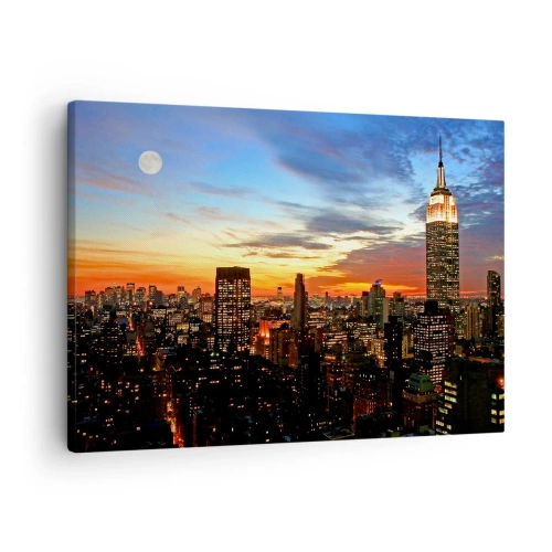 Quadro em tela - Panorama da cidade com arranha-céus iluminados ao entardecer - 70x50cm - Noite Brilhante Americana - Decoração de parede moderna para a sala de estar e quarto ARTTOR
