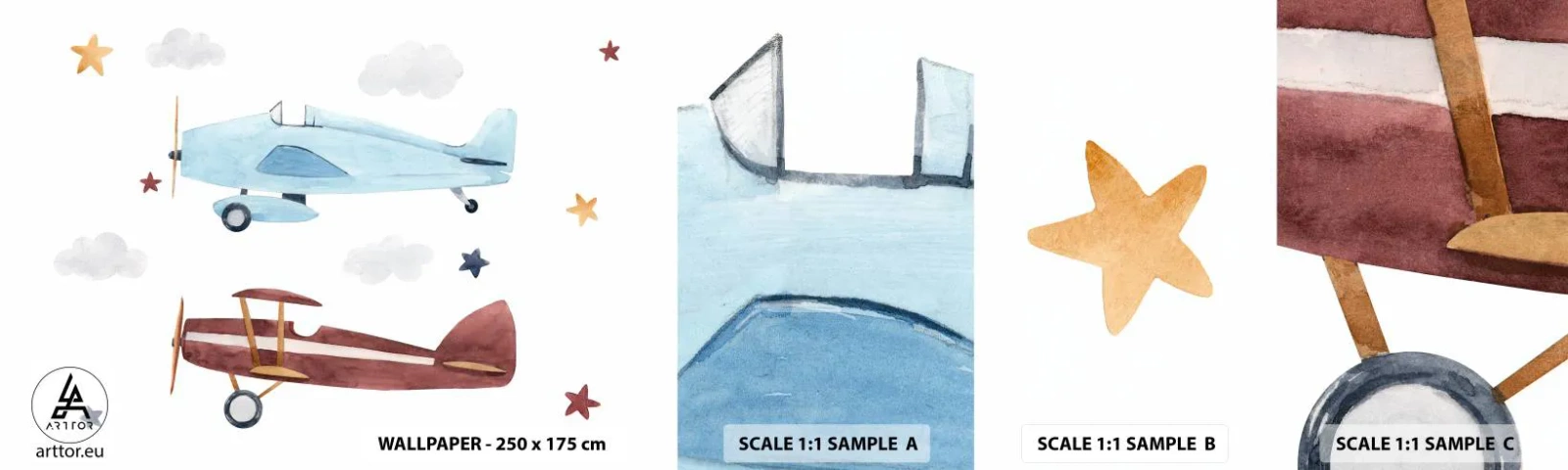 Amostra de Papel de Parede Standard Eco - Sr. Piloto, estamos a aguardar! - Aviões, Retrô, Infantil - 100x30 cm