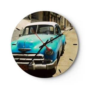Relógio de parede - Relógio em vidro - Carro clássico azul na rua, estilo vintage - 30x30cm - Evviva Cuba! - Decoração de parede moderna para a sala de estar, cozinha e quarto ARTTOR