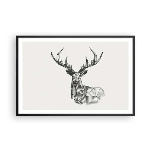 Pôster com moldura preta - Veado em estilo cubista - 91x61 cm