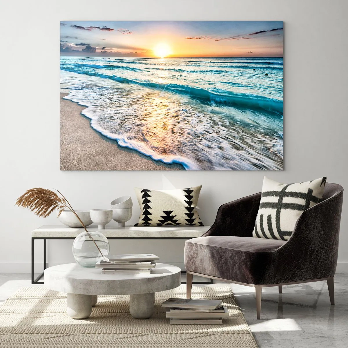 Quadro em vidro - Praia pela manhã com ondas e nascer do sol - 70x50cm - Uma visão que vale a pena - Decoração de parede moderna para a sala de estar e quarto ARTTOR
