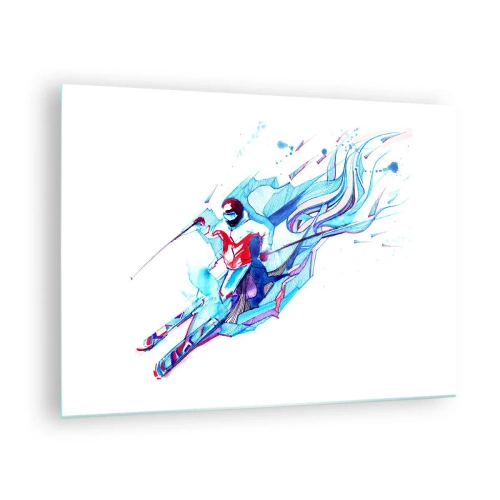Quadro em vidro - Uma figura dinâmica de um esquiador em cores abstratas - 70x50cm - A corrida louca pela alegria - Decoração de parede moderna para a sala de estar e quarto ARTTOR